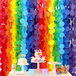 Pinkblume rainbow party decorations tissue paper backdrop streamer front view showing colorful hanging circle dot garlands