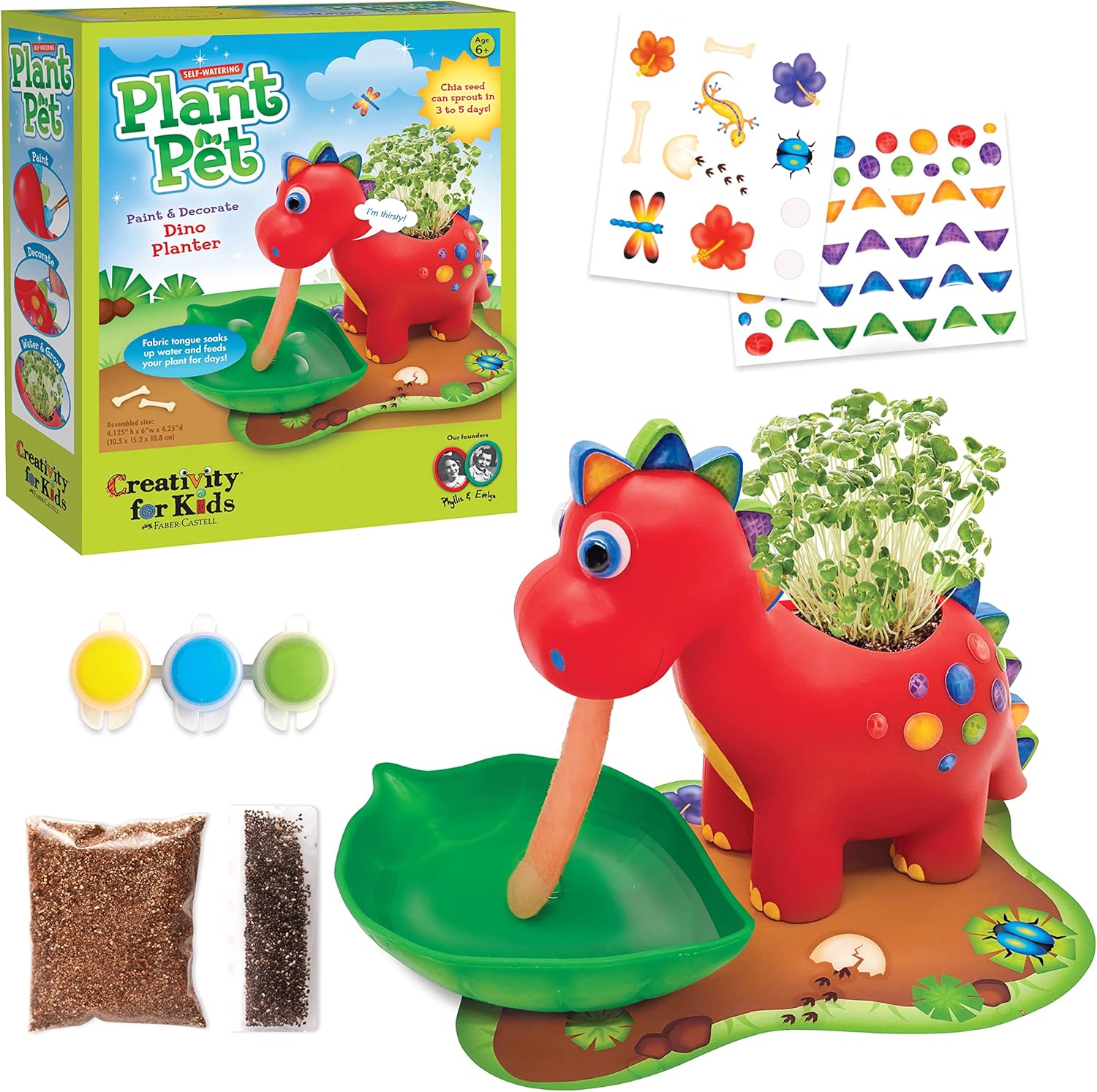 Creativity for Kids Dinosaur Self Watering Plant Pet front view of decorated yellow planter