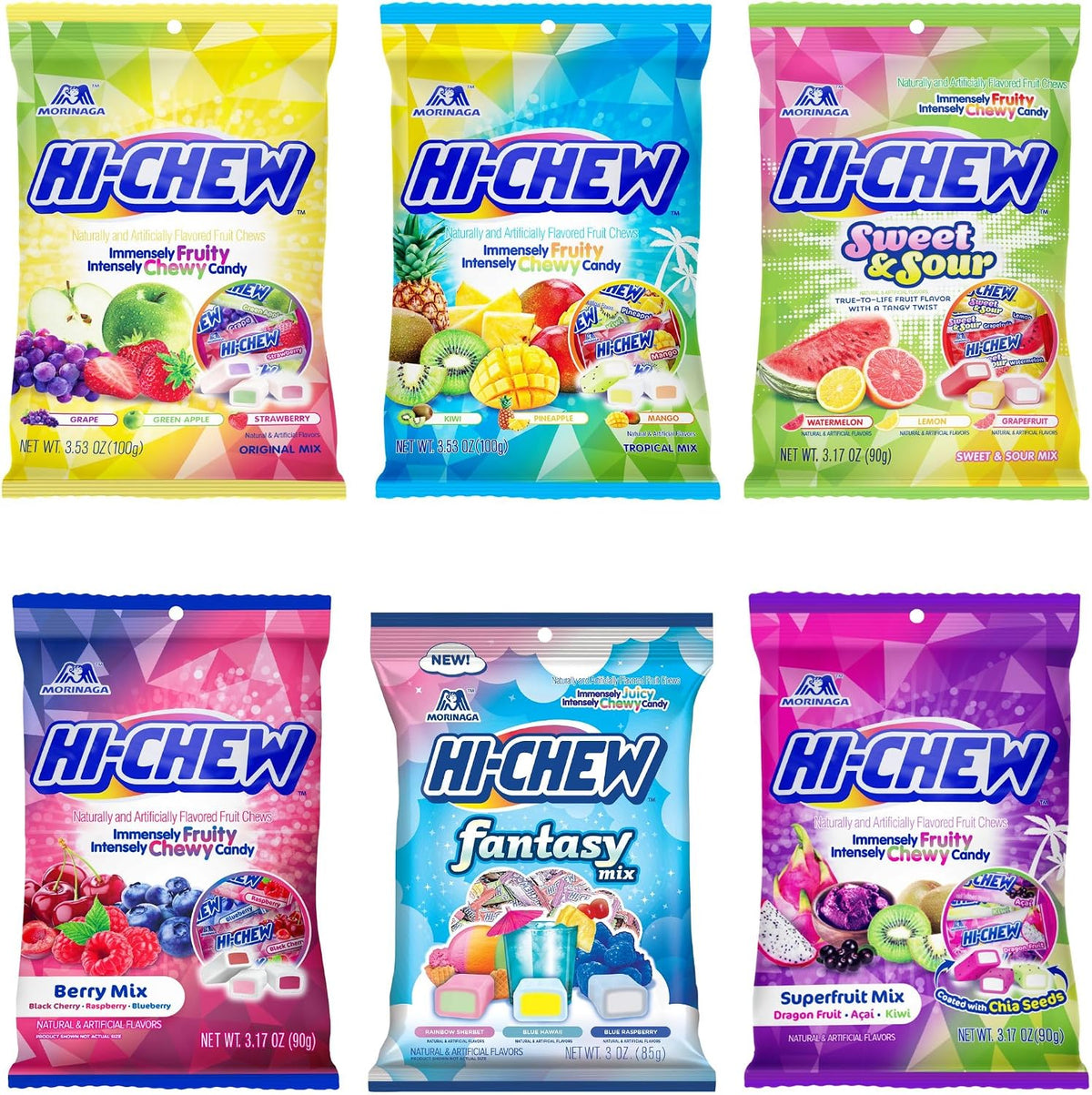 HI-CHEW Variety Mix pack of six bags front view showing seventeen assorted fruit flavors.