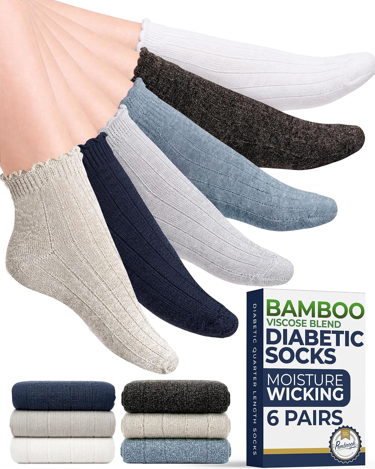 Pembrook(R) Frill Knit Diabetic Socks for Women & Men with Bamboo Viscose - 6 Pairs Non Binding Wide Neuropathy Socks for Women - Image 13