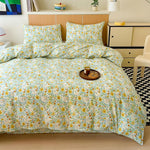 BlueBlue floral cotton duvet cover set queen front view showing yellow daisy and white lamb print bedding