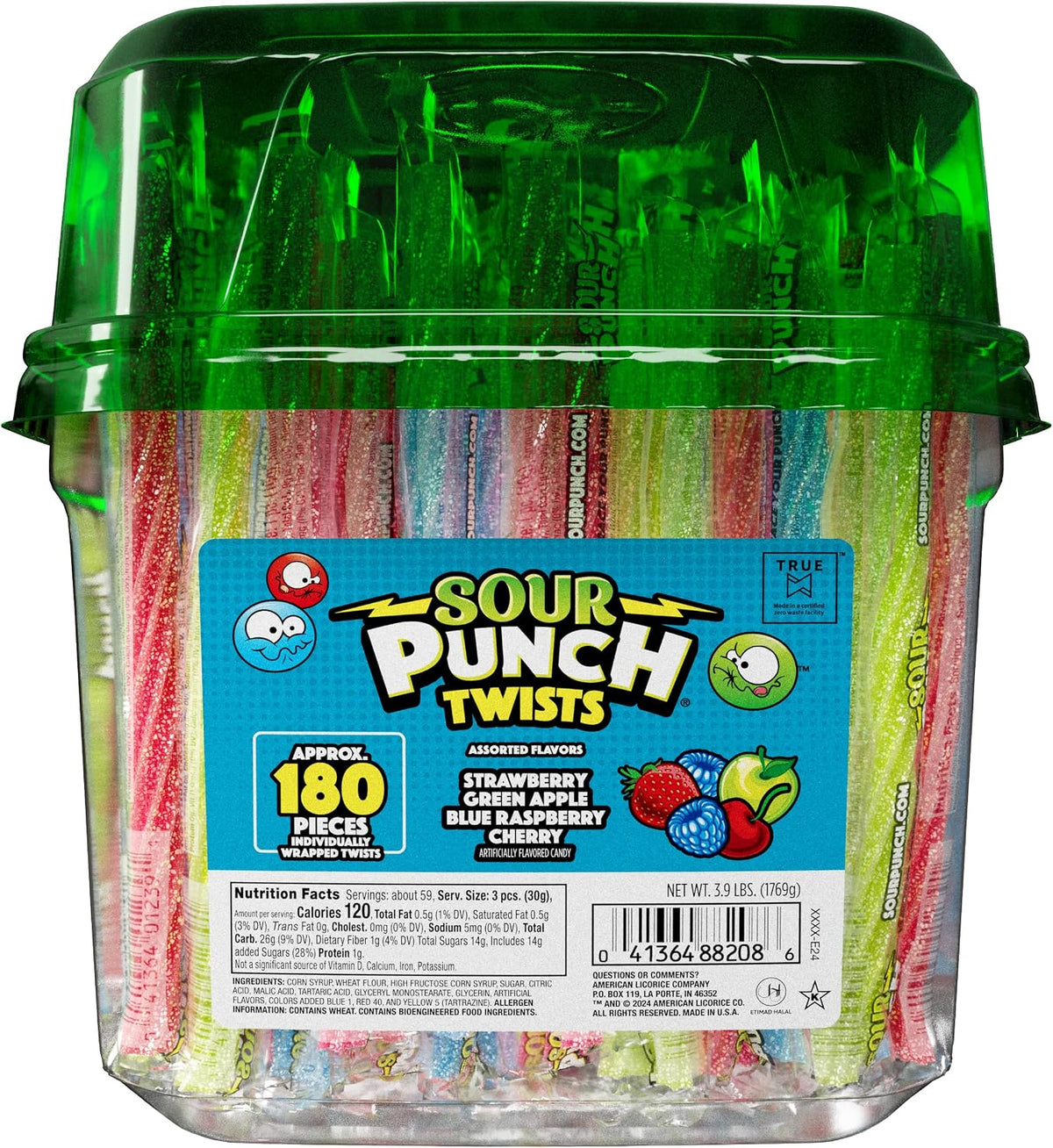 Individually wrapped blue raspberry strawberry cherry and apple sour punch candy twists