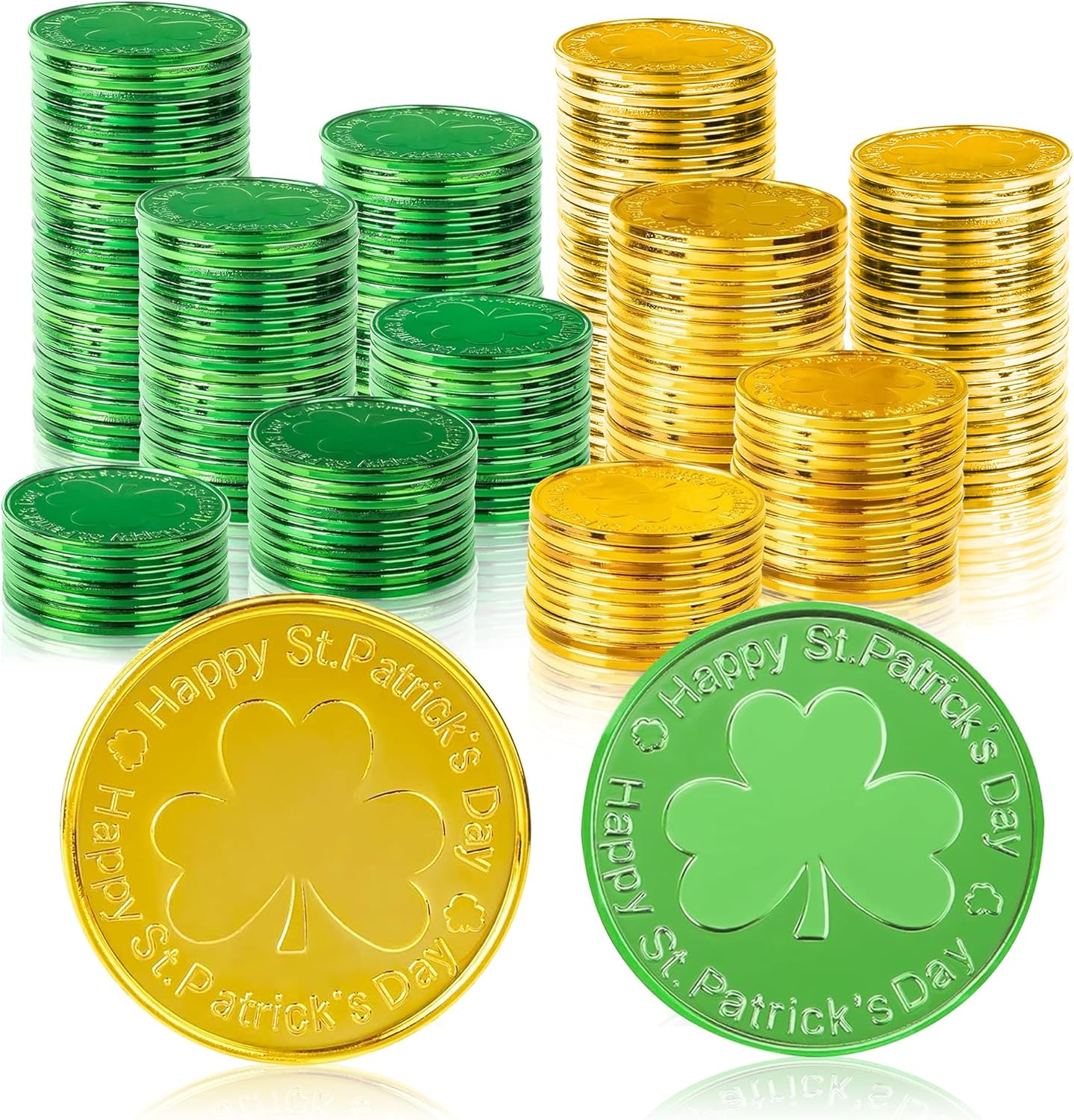 OHOME St Patricks Day Gold Coins 120 Pieces front view of shiny green and gold plastic clover coins spread on a table