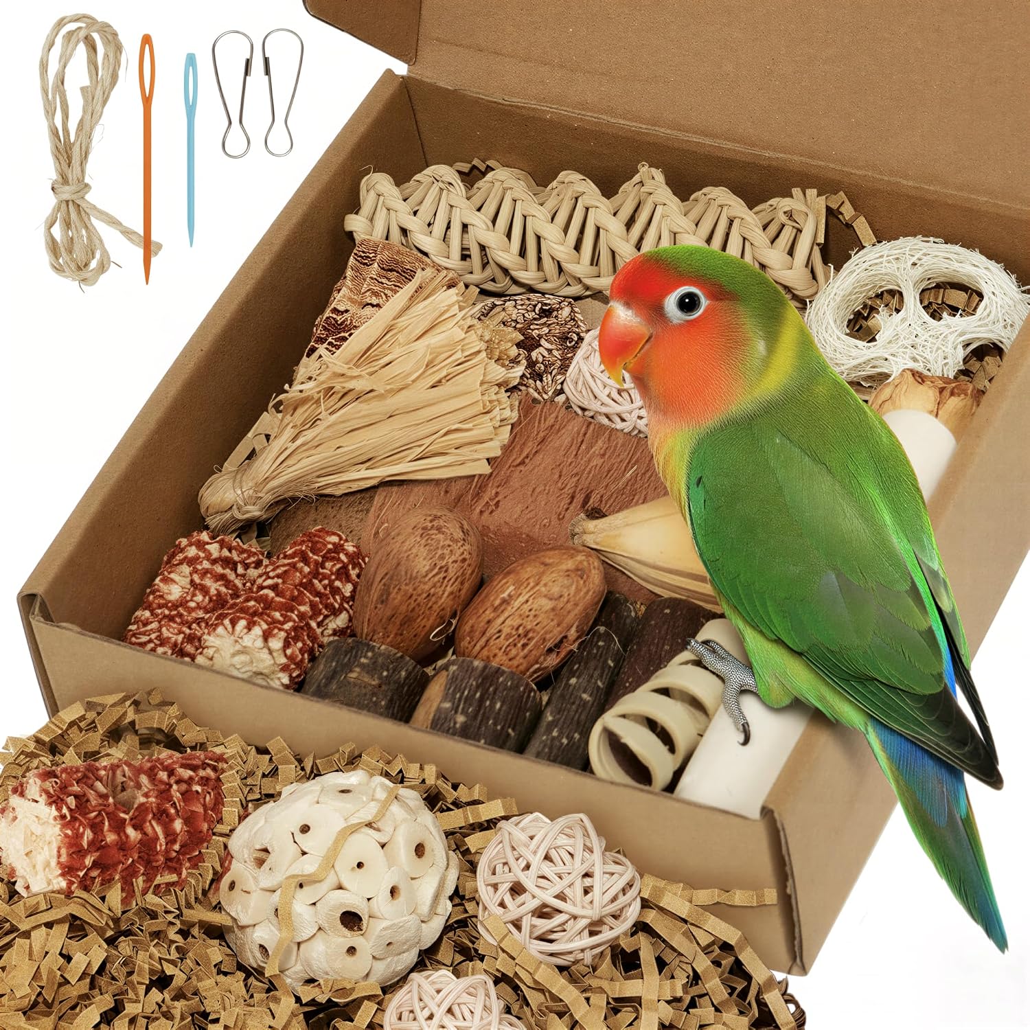 ZooVibe parrot natural foraging box medium front view inside a bird cage