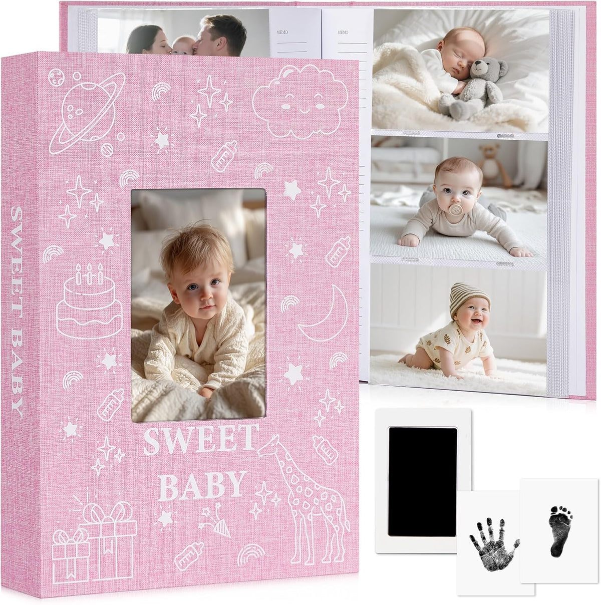 Early Minds baby photo album pink linen front view with cover window