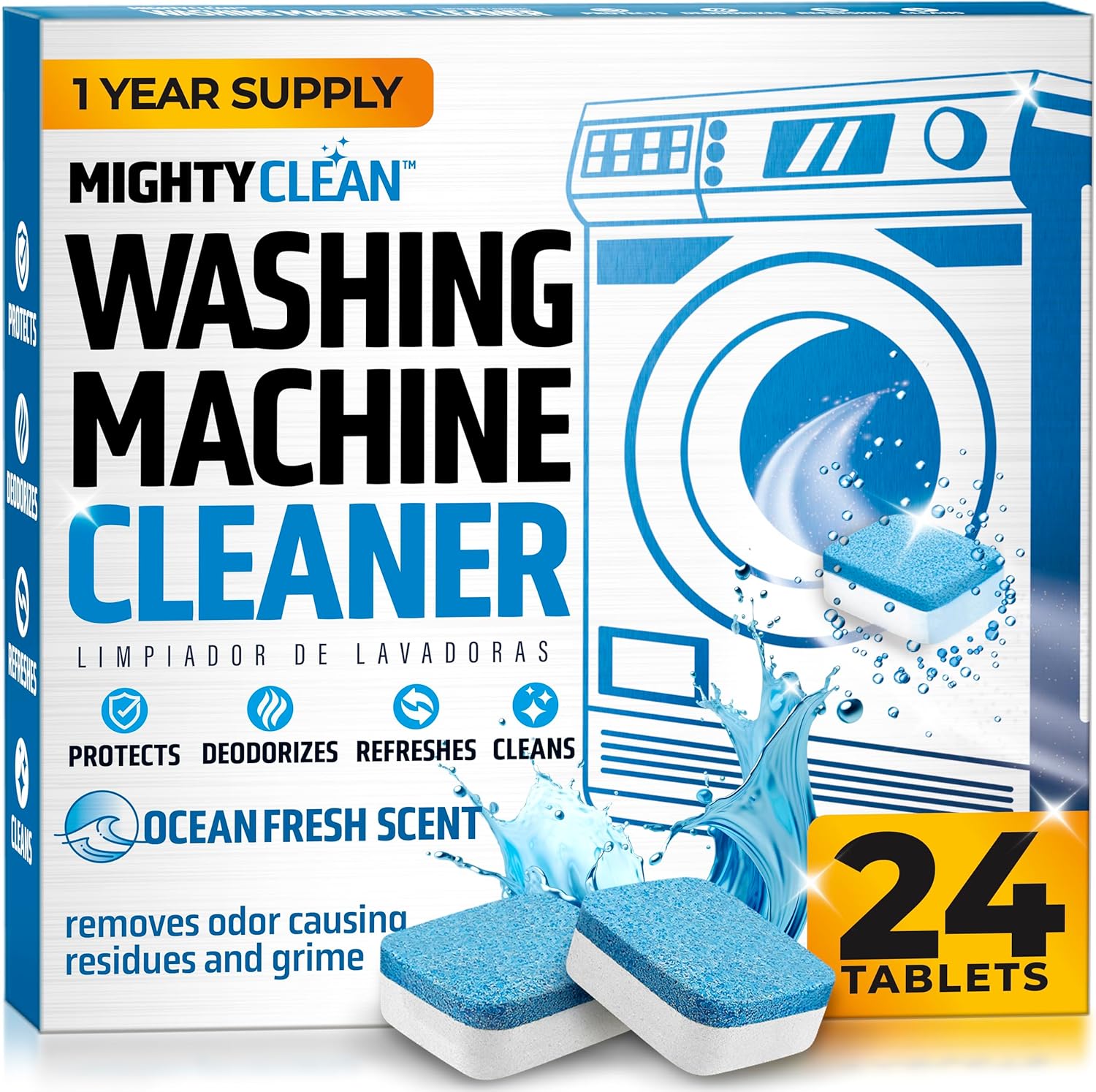 Mighty Clean Washing Machine Cleaner Tablets 24 Pack front view of packaging.