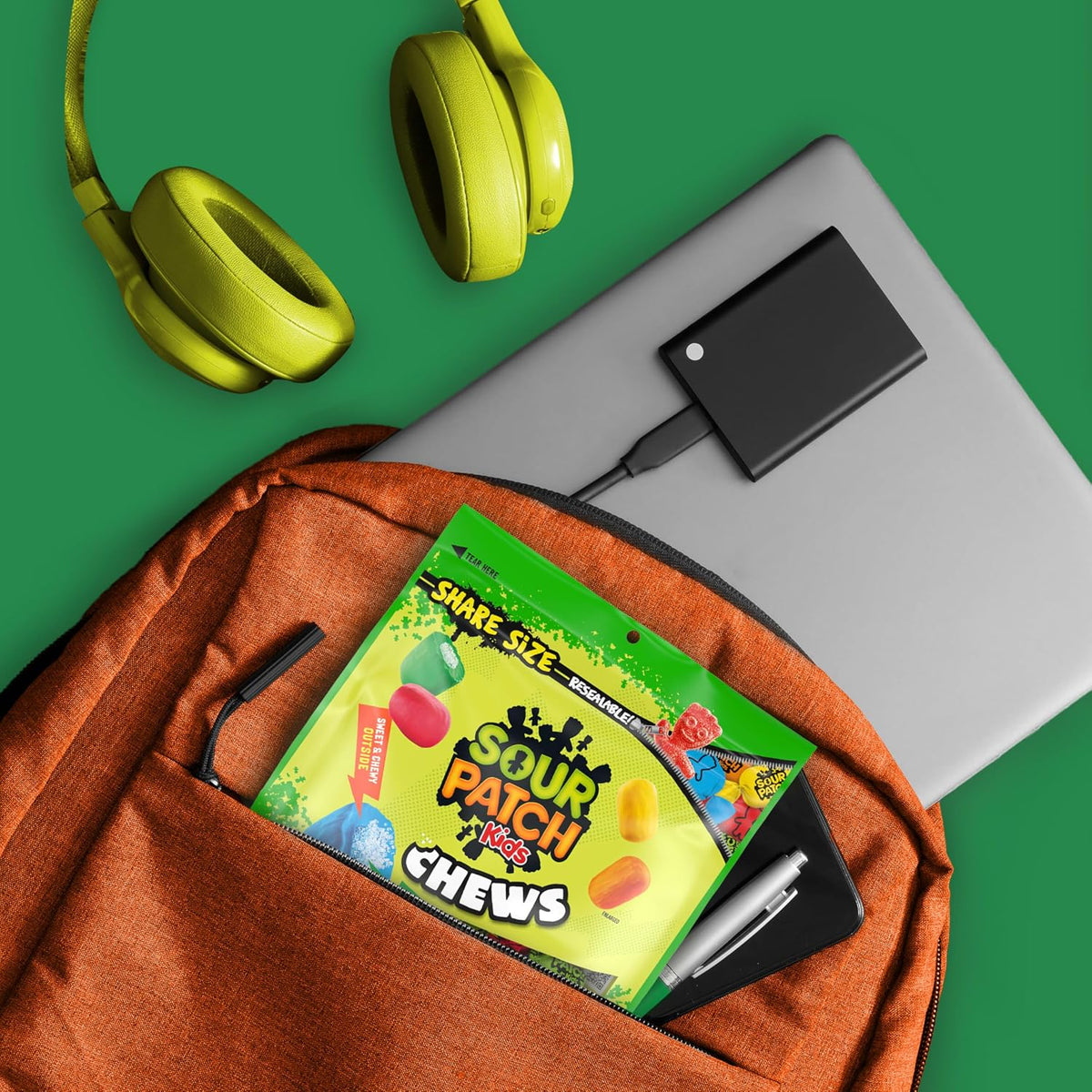 Open bag of Sour Patch Kids Chews showing individually wrapped pieces