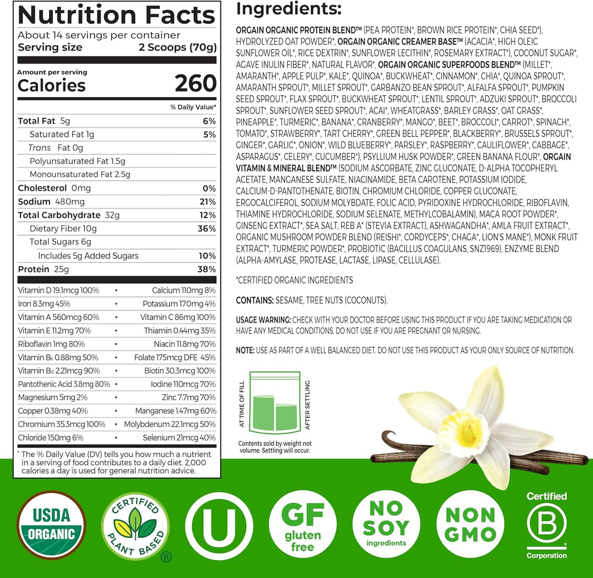 Orgain plant based protein powder vanilla nutrition facts label close up