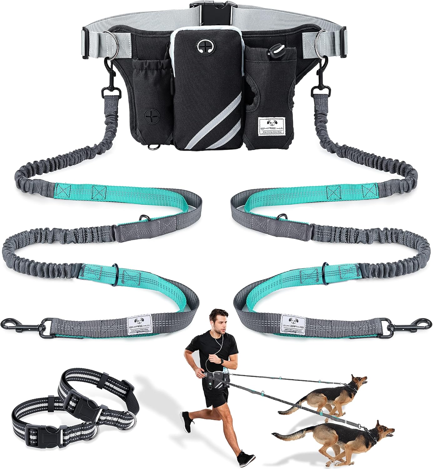 Shine Hai hands free dog leash set with waist belt and dual bungees