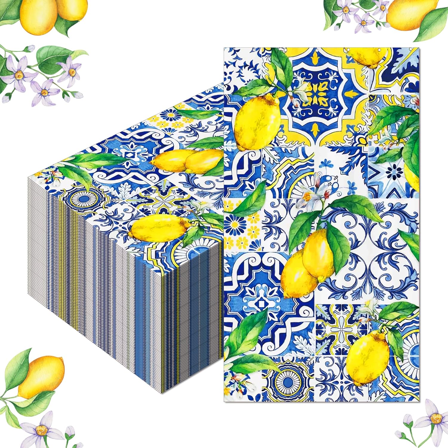 Jajajuegos Capri Lemon Disposable Paper Napkins front view showcasing bright yellow lemons and royal blue mosaic tile patterns.