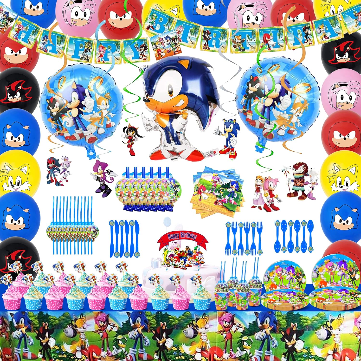 Nicico Sonic birthday party supplies set front view featuring tableware and banner.