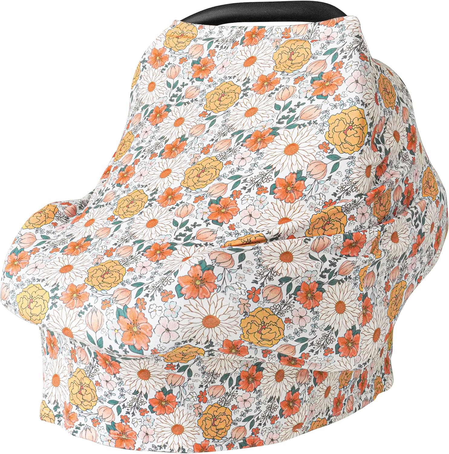 Konssy baby car seat cover in floral pattern stretched over an infant car seat front view