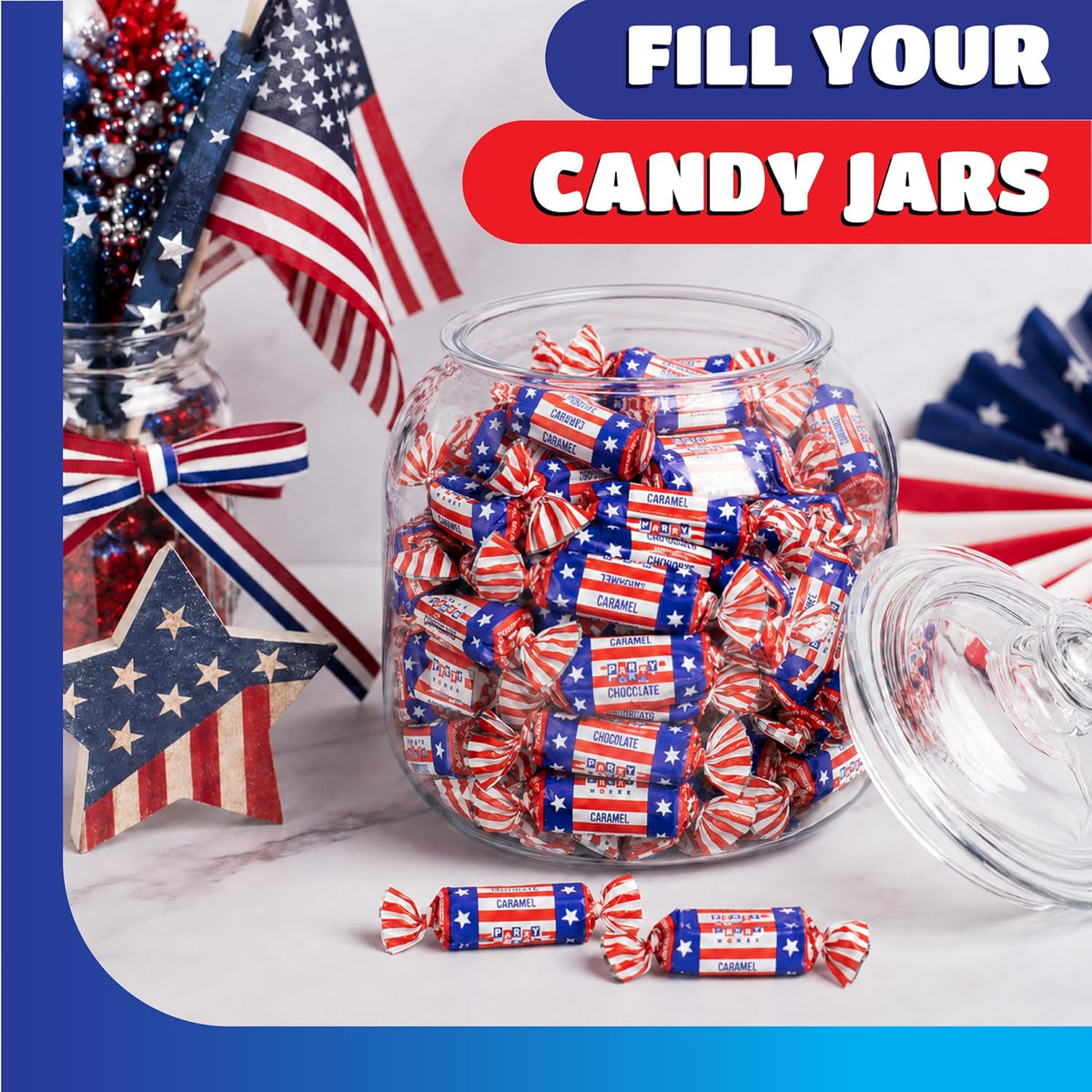 Red white and blue wrapped chocolate caramels in candy bowl