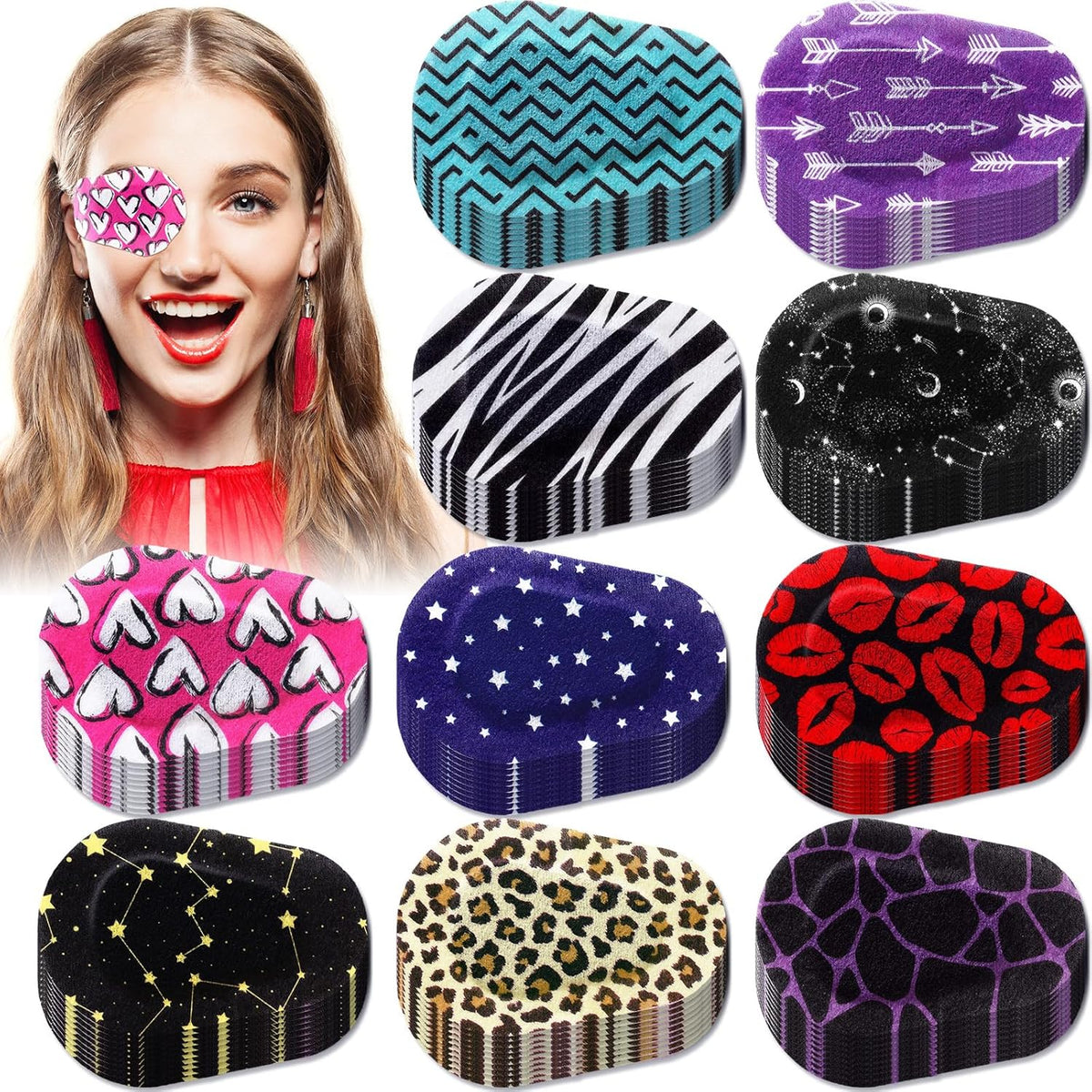 Threlaco adult adhesive eye patches front view box showing various patterned designs for vision therapy