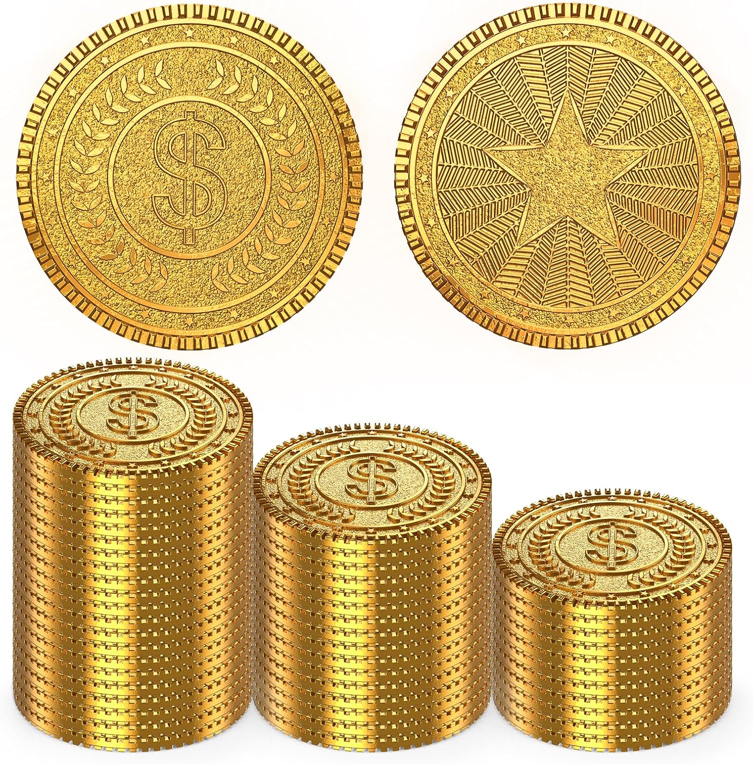 Byhoo metal gold coins fifty piece set front view showing detailed star and wheat ear engravings