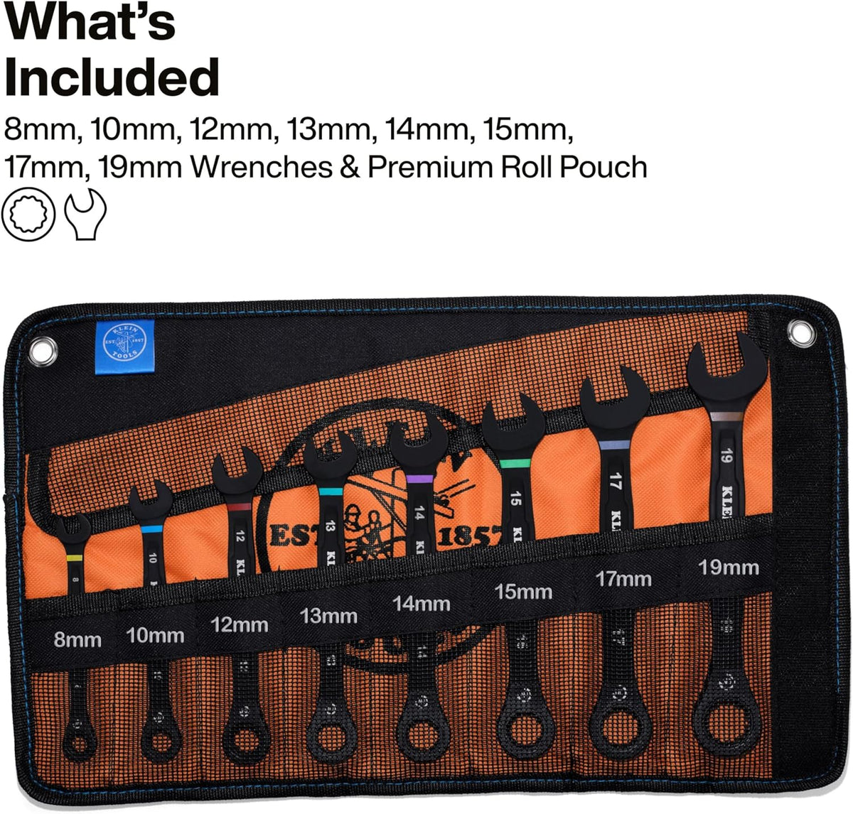 Klein Tools metric wrench set laid out in roll pouch