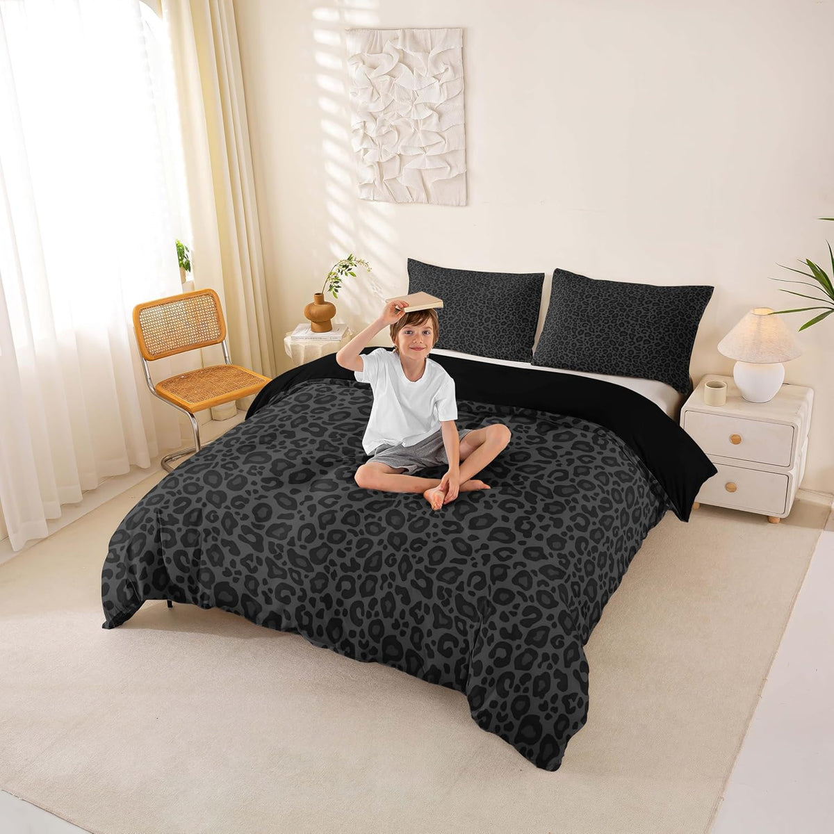 Castle Fairy Wild Animal Skin Print Bedding Set front view featuring gray African cheetah pattern on a King size bed
