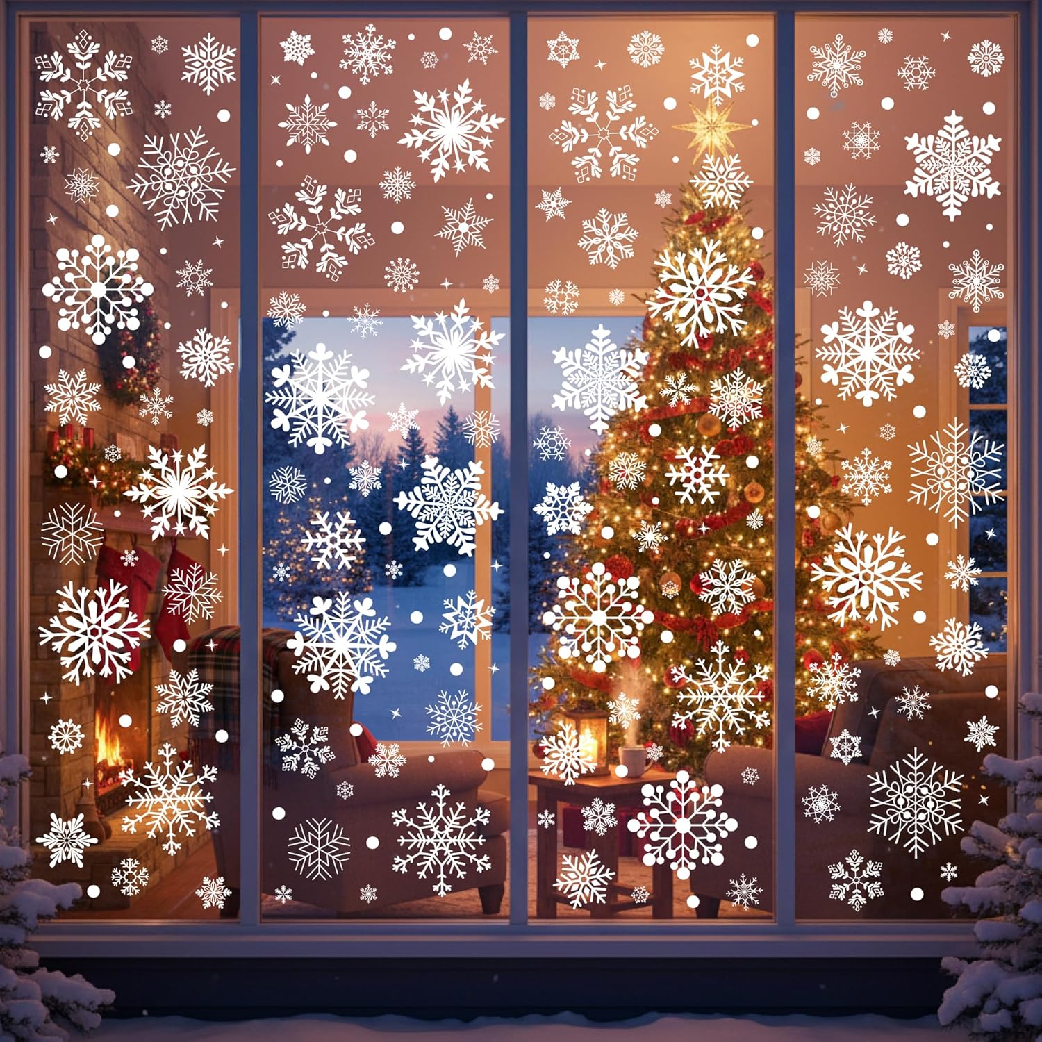 Backtopeia snowflake window clings front view showcase on living room glass panel