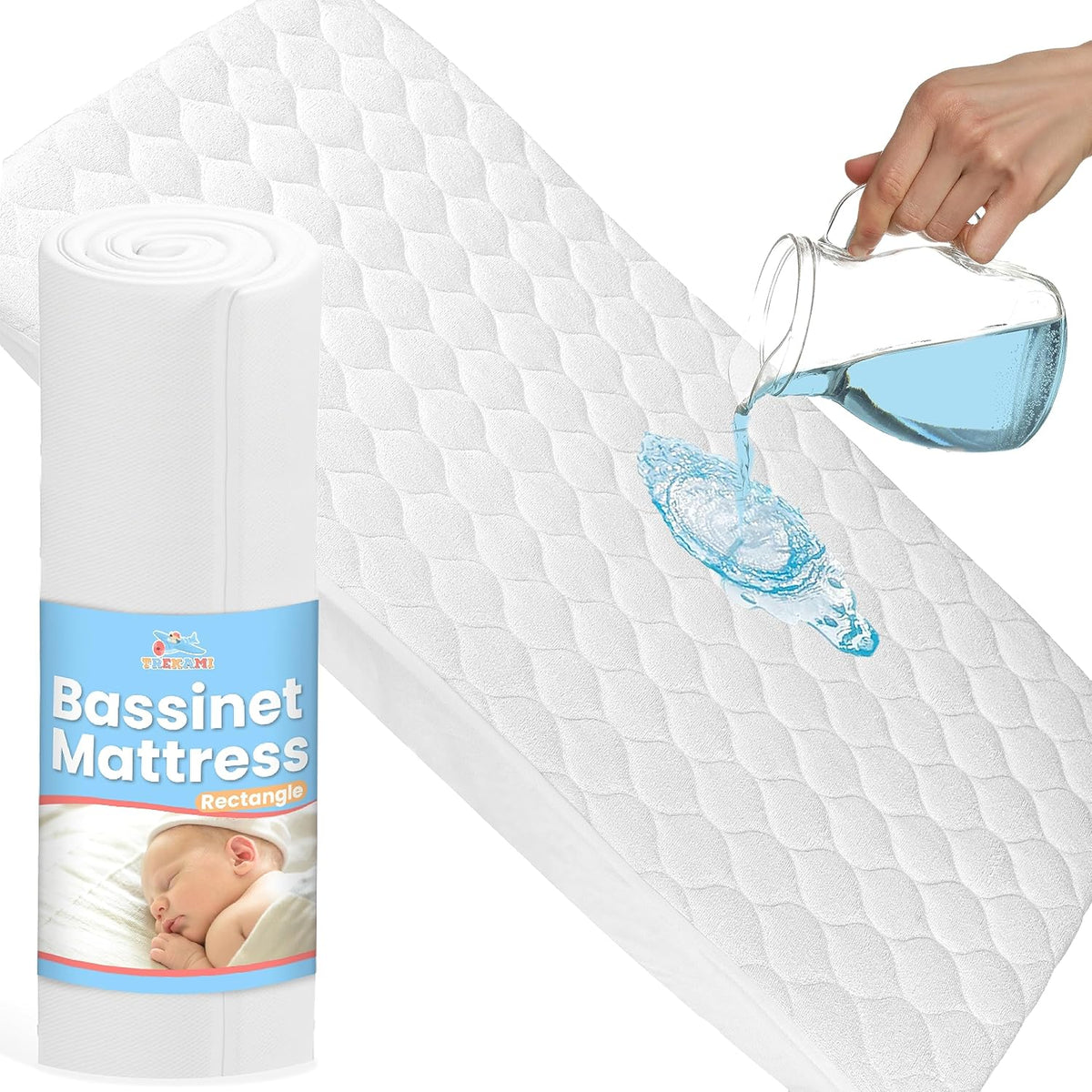Trekami Baby Bassinet Mattress Pad front view with waterproof fabric