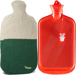 Peterpan knit rubber hot water bottle front view with gray and green wool blend cover