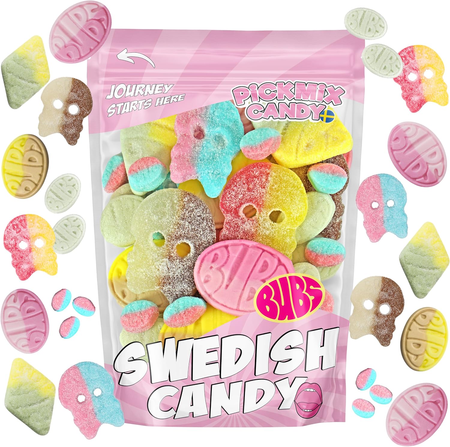 Pickmix Candy Sweden BUBS Swedish Candy Mix 10 Ounce front view package showing diverse sweet and sour shapes.