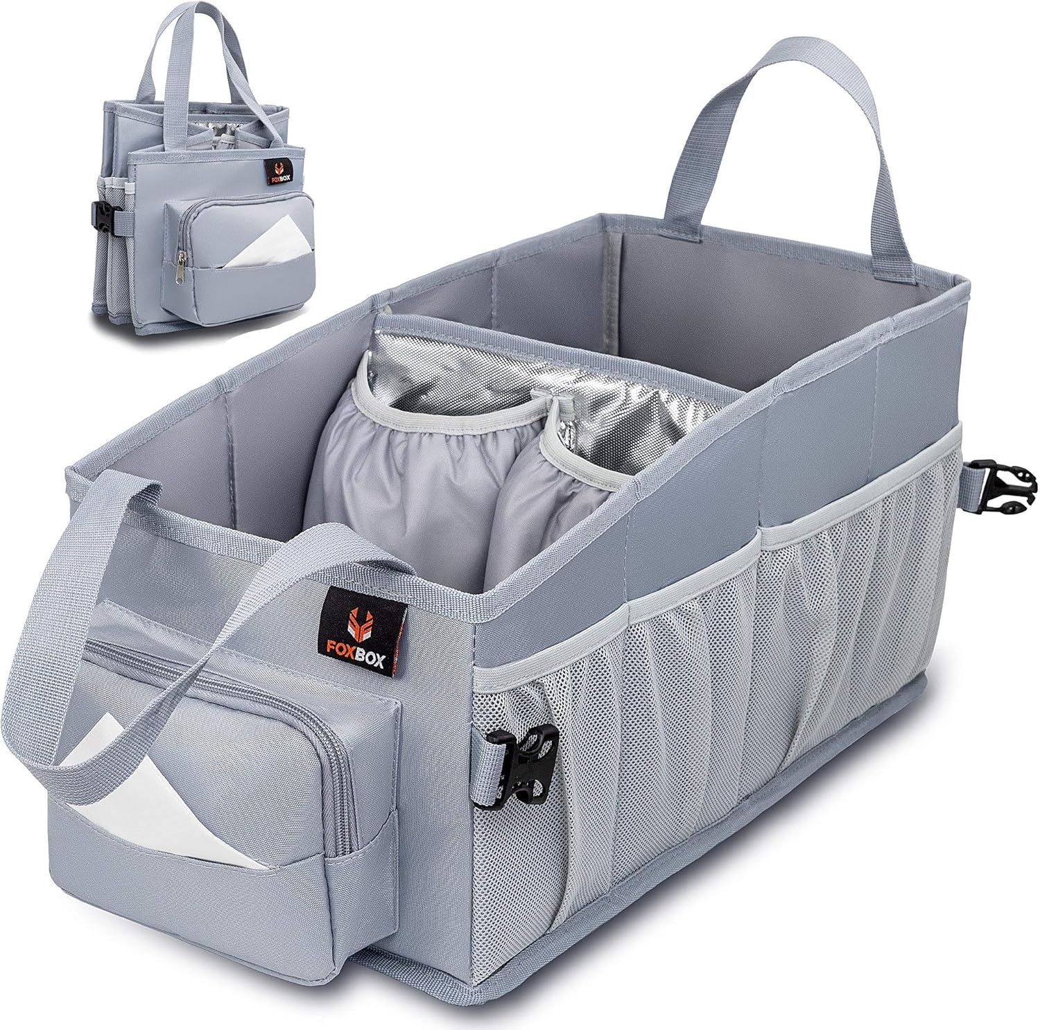 FoxBox easy to reach kids car organizer front view in premium grey color showing insulated cup holder.