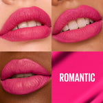 Maybelline matte lipstick swatch showcasing vivid pink color payoff