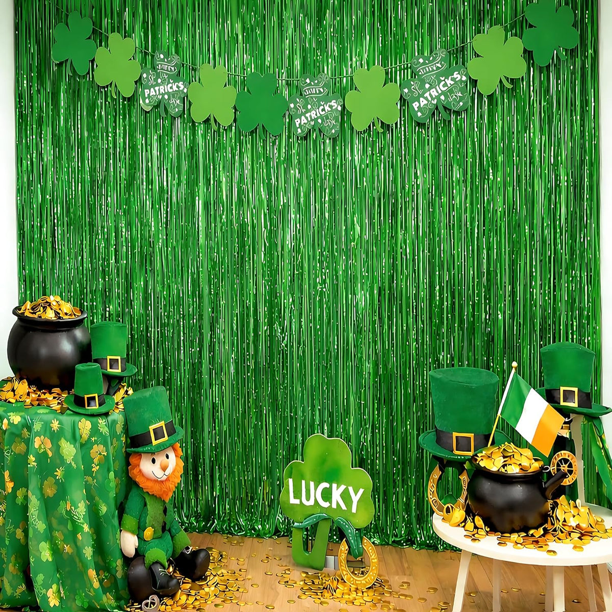 OHOME green tinsel backdrop curtains front view showing shimmering metallic foil fringe streamers package