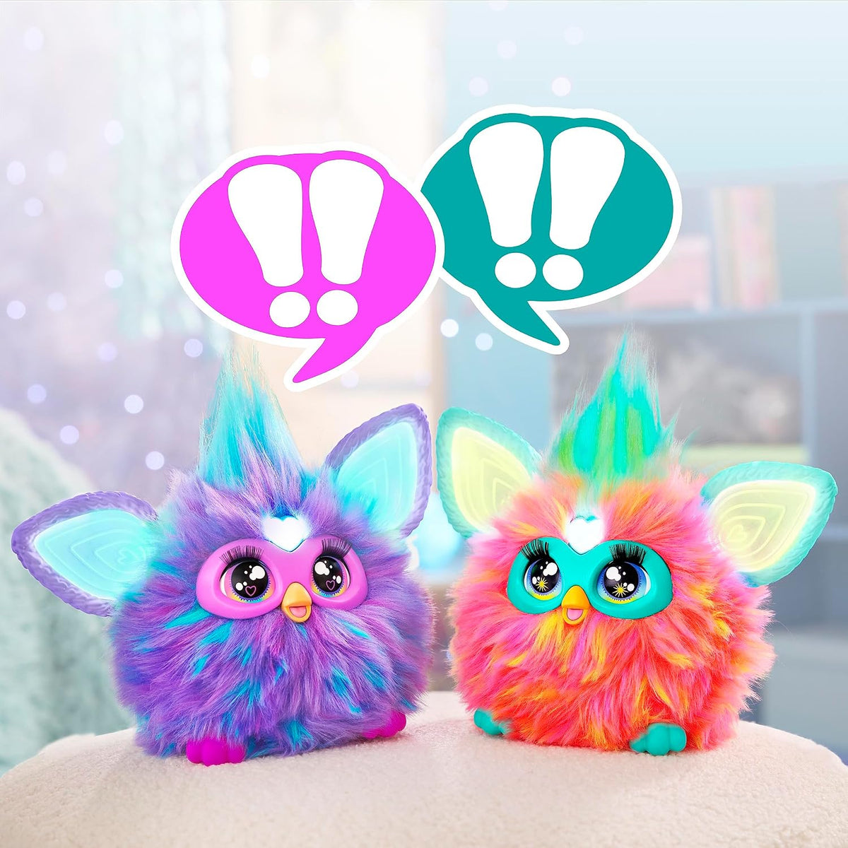 Furby purple animatronic toy close-up expression view