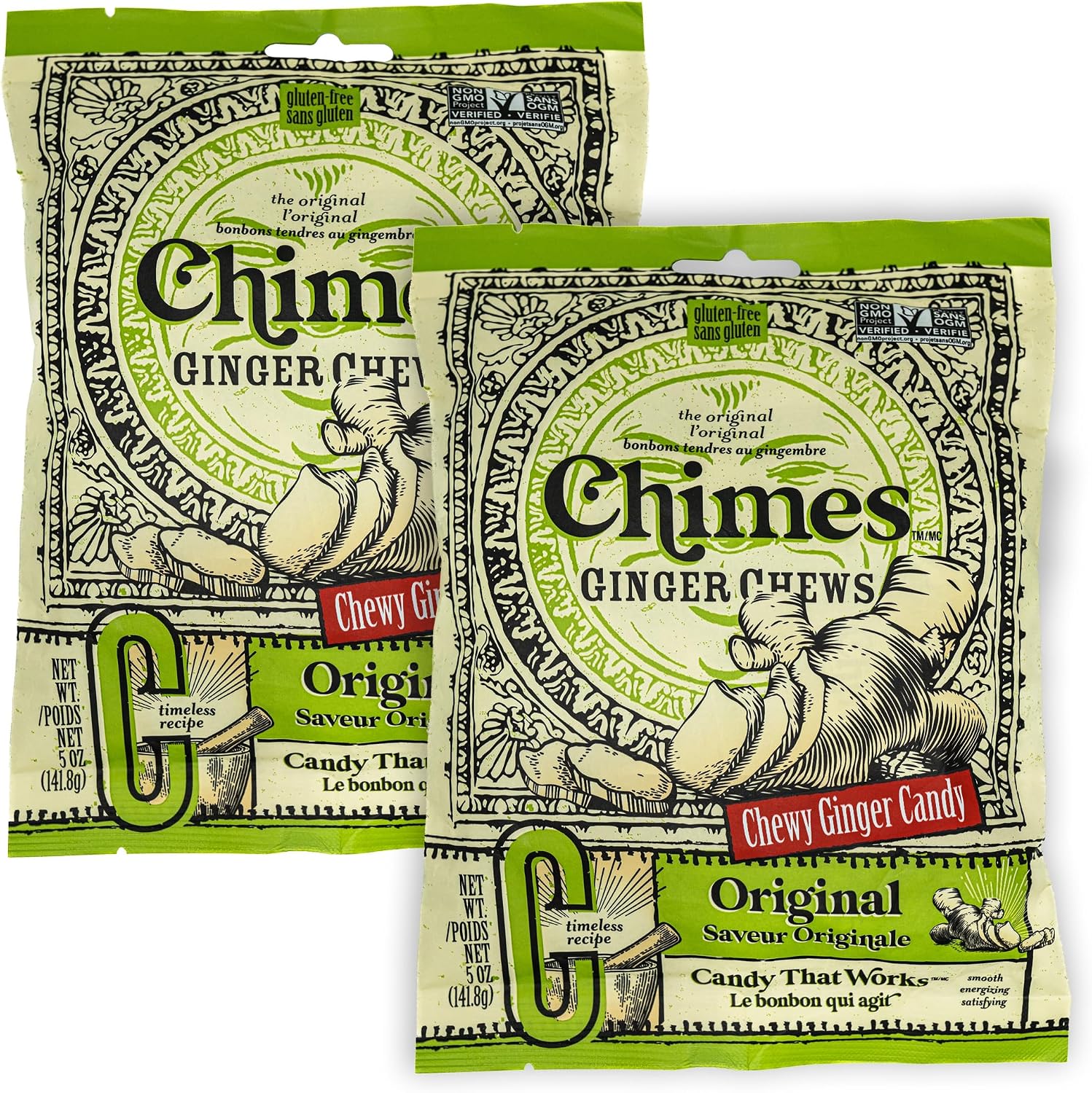 Chimes Original Ginger Chews front view of packaging for natural nausea relief