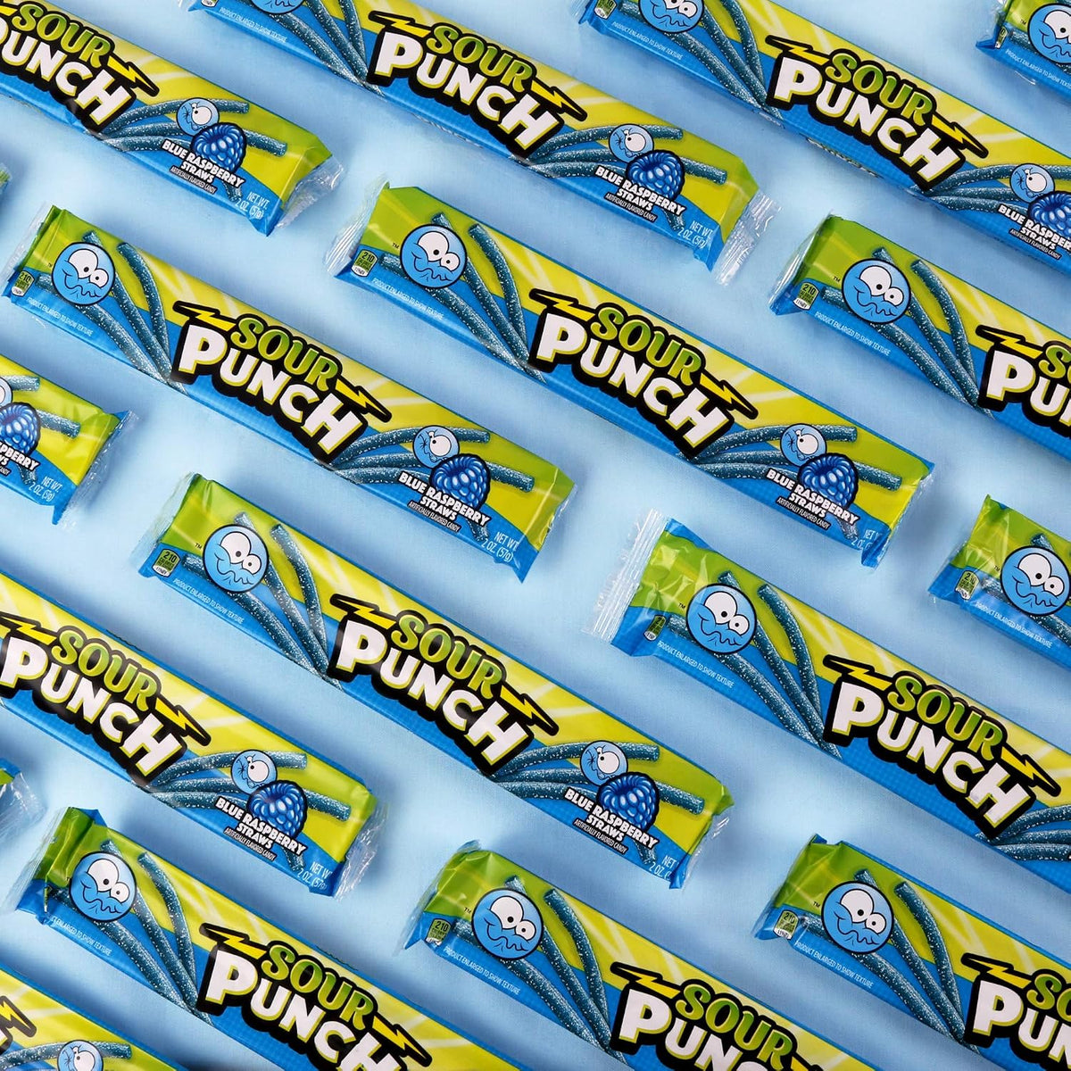 Sour Punch Blue Raspberry soft and chewy candy straws side profile packaging layout