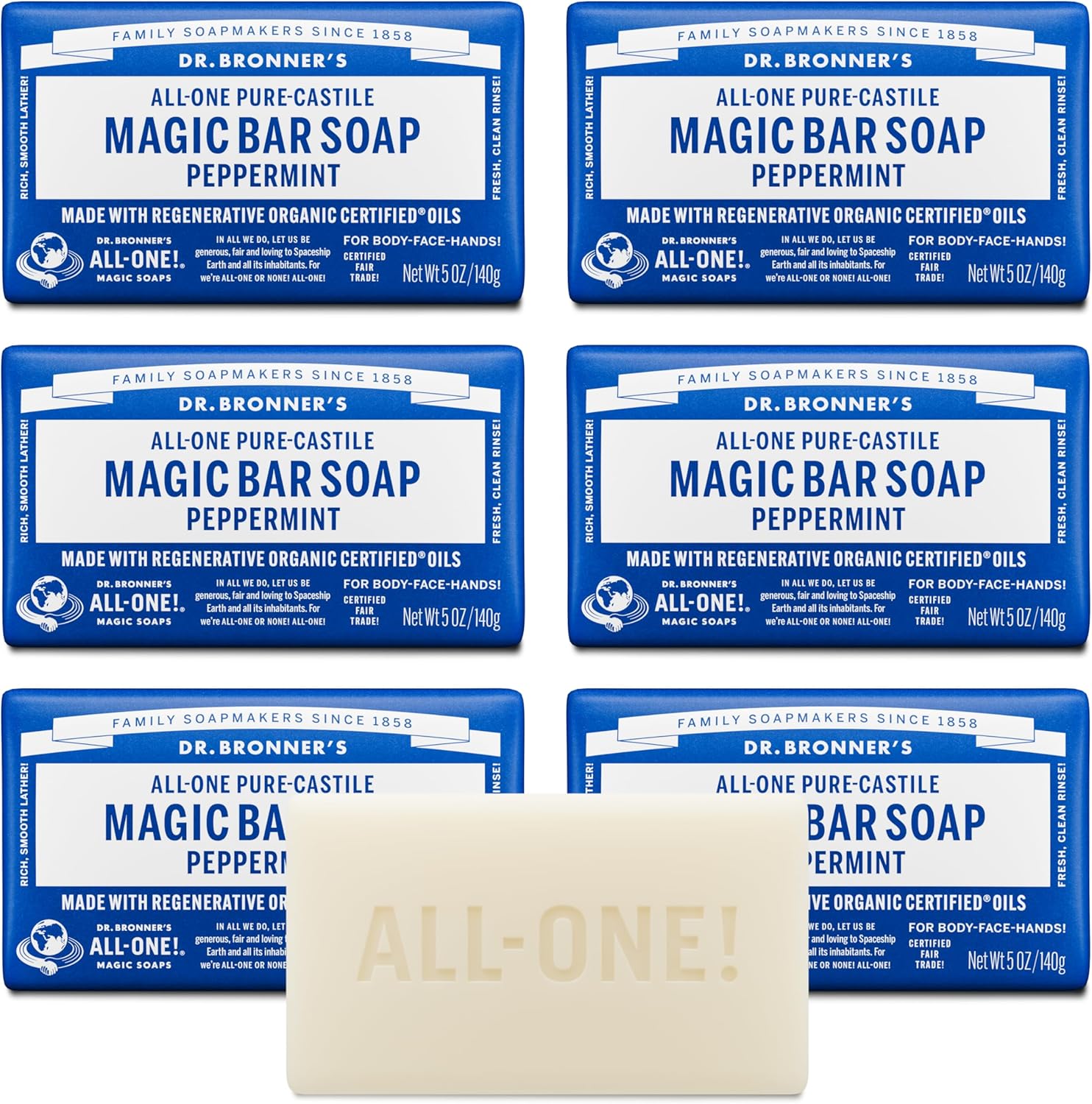 Dr. Bronner's Pure-Castile Magic Soap Bars Peppermint six pack front view organic body care