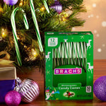 Side view of five point three ounce packaging for Brach's green stripe Christmas confections
