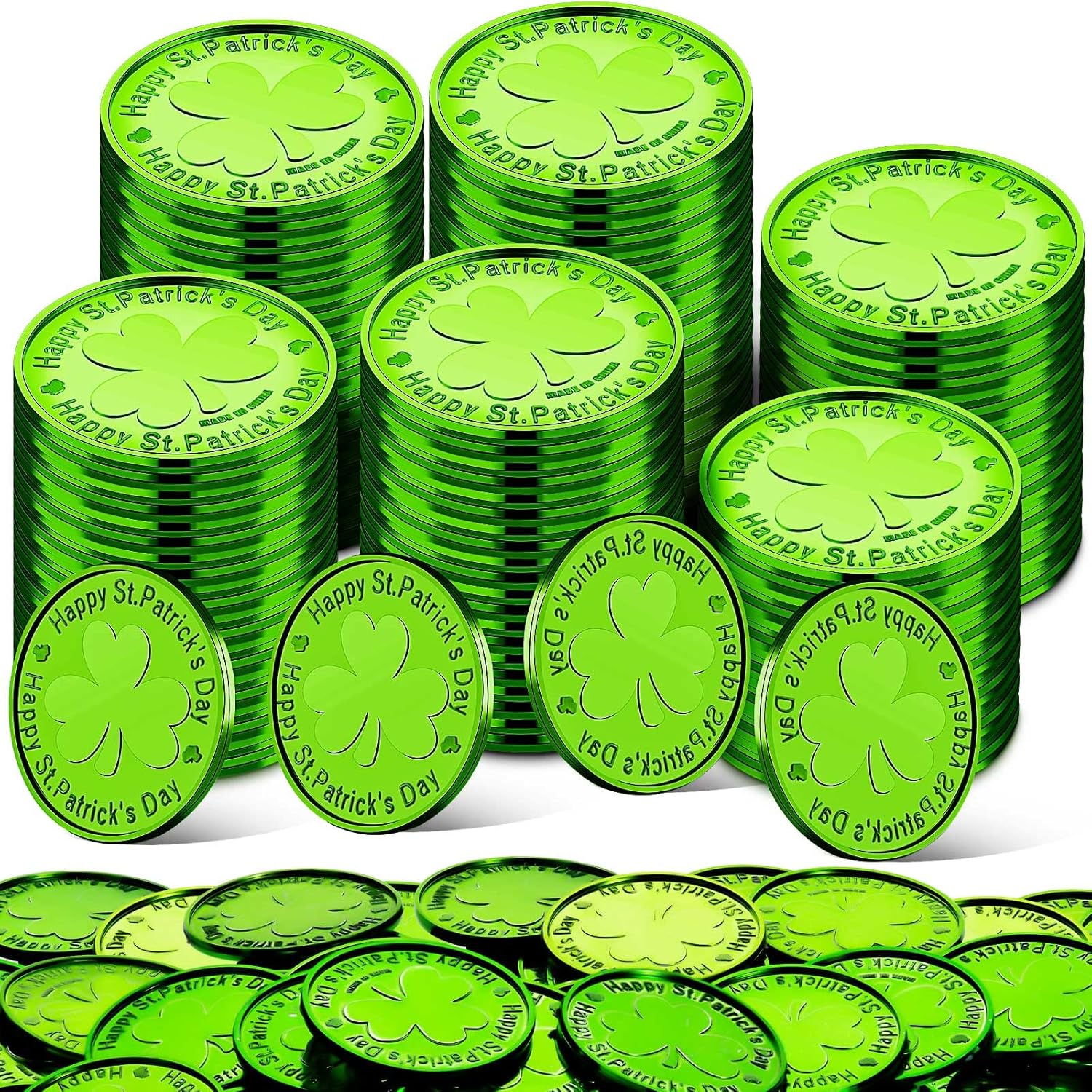 Civaner St Patricks Day plastic coins pack front view showcasing green shamrock design.