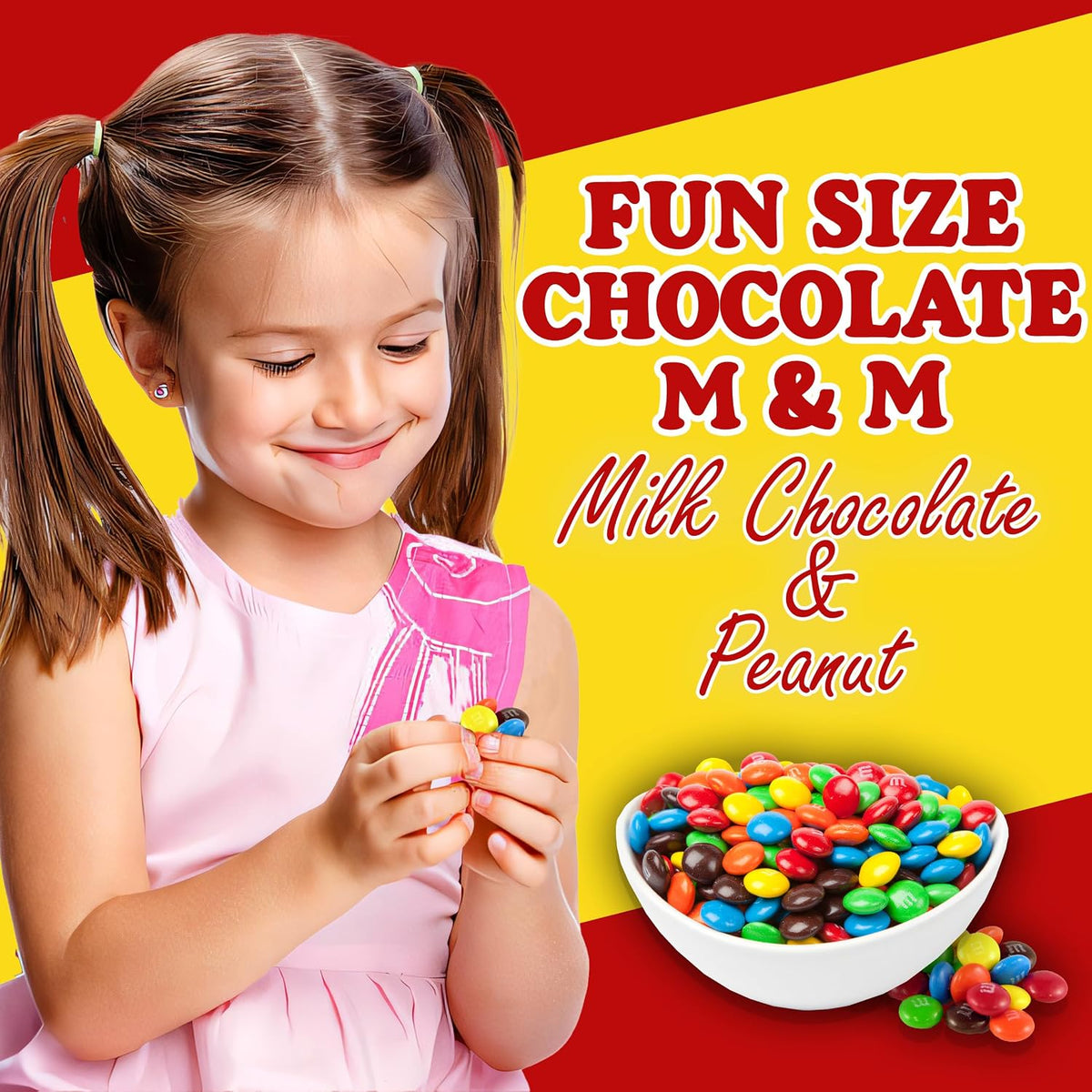 Individually wrapped fun size pouches of chocolate covered peanuts spread out on a table.