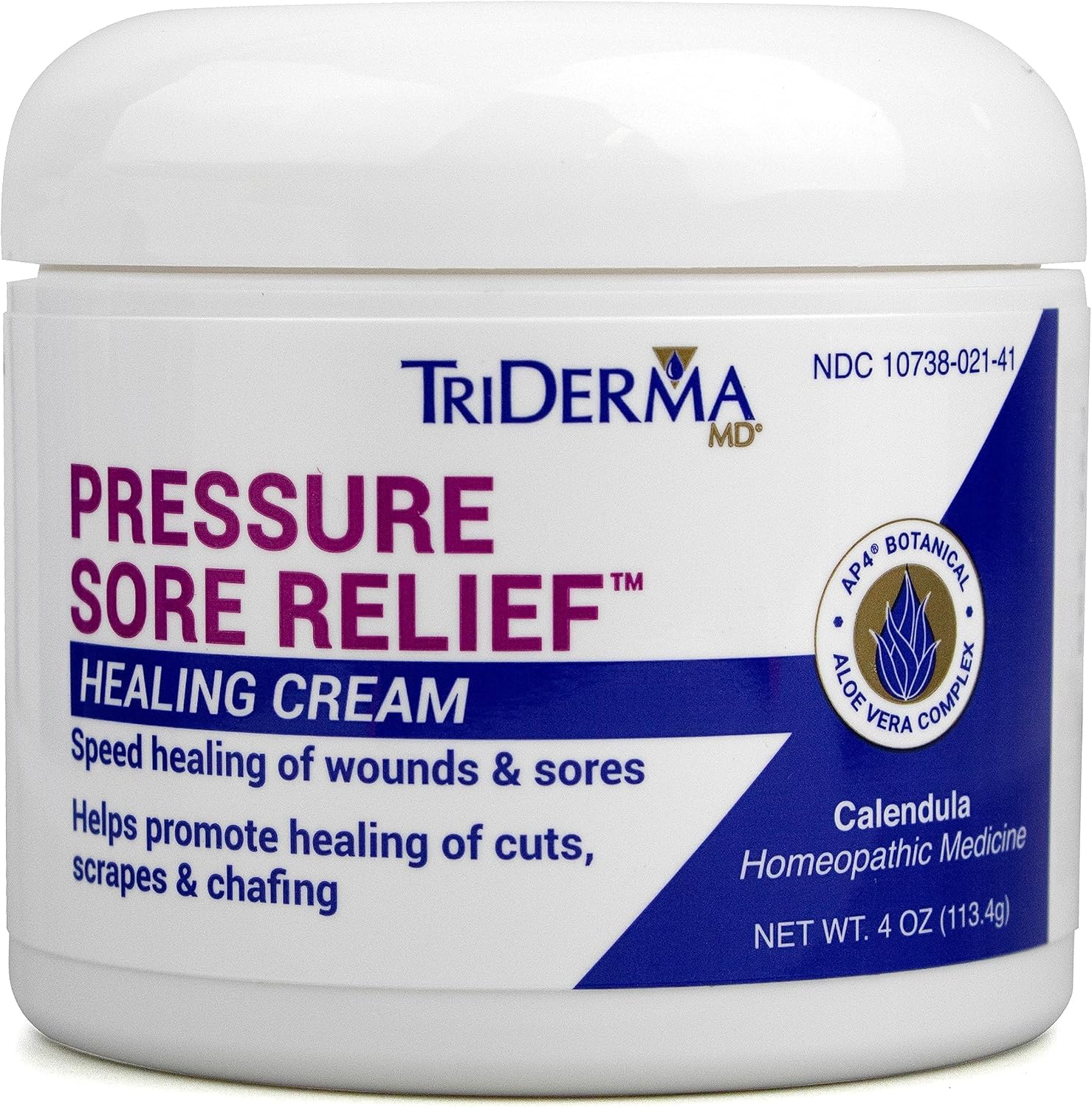TriDerma MD Pressure Sore Relief Healing Cream 4 ounce jar front view for authentic bed sore treatment