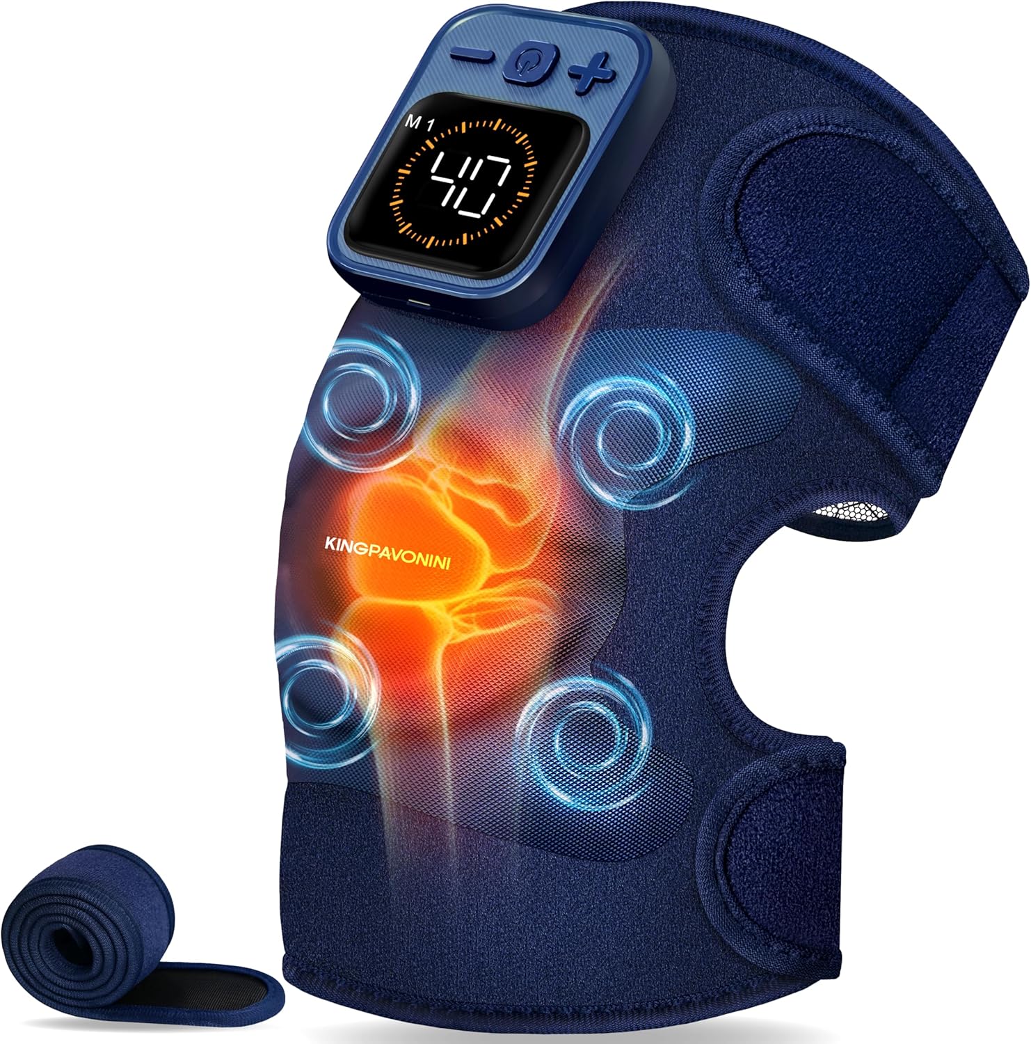 KingPavonini Cordless Knee Massager front view showing the blue heated brace and digital control panel.