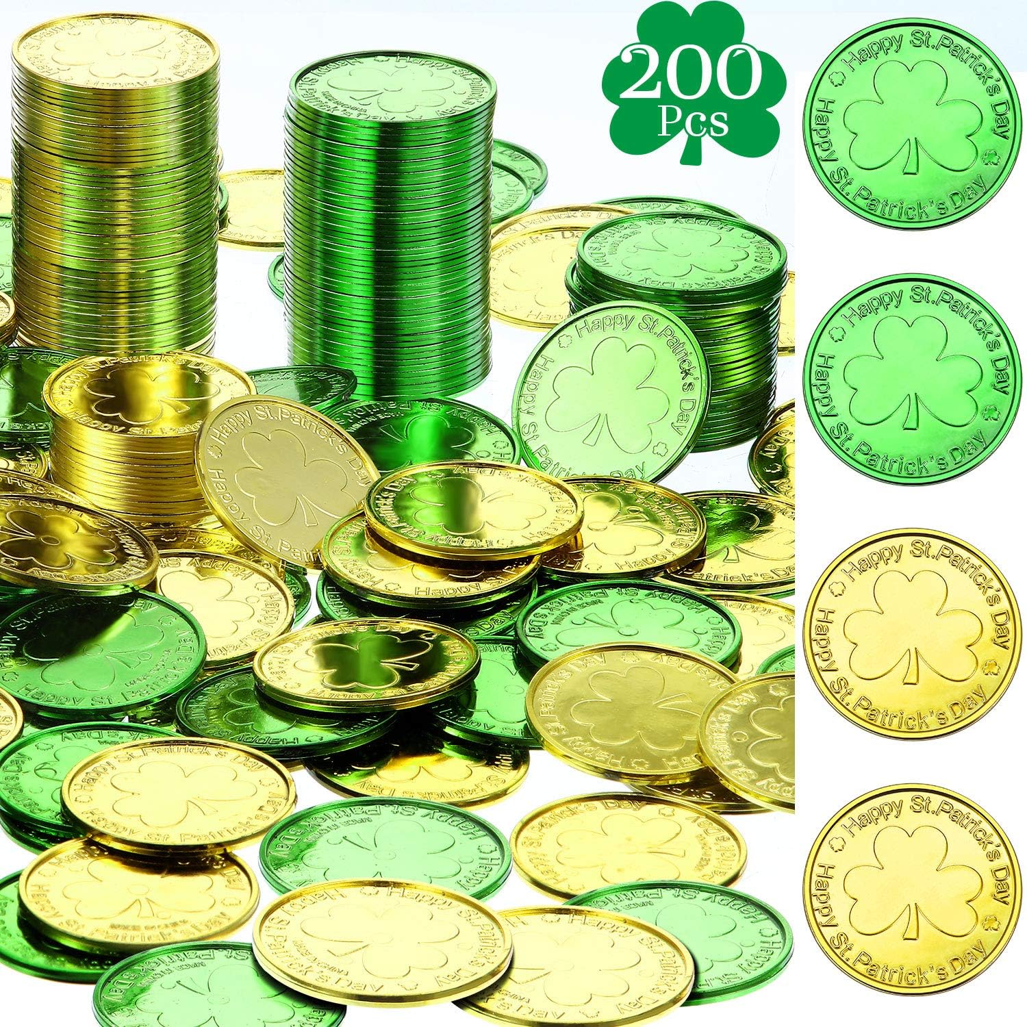 Zhanmai St. Patrick's Day plastic coins front view showing green and gold metallic colors.
