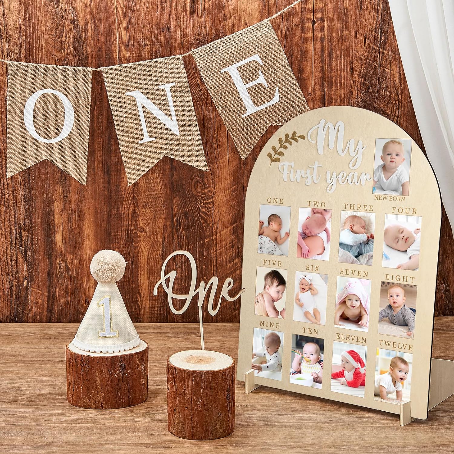 4 Pcs My First Year Photo Board for 2 x 3 Inch Photo 1st Birthday Wood Display Sign 12 Month Milestone Picture Frame High Chair Banner Cone Hat One Cake Topper One Year Birthday Decor Gift for Newborn - Image 1