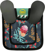 Feathers and flora patterned hen protector saddle displaying secure wing straps.