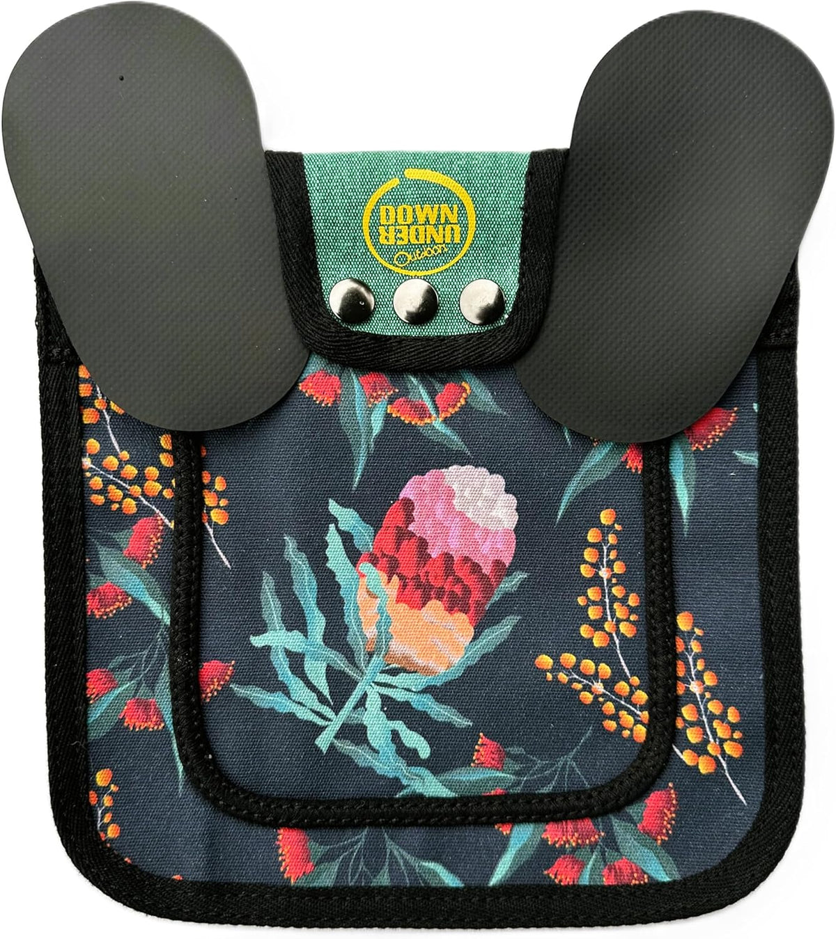 Feathers and flora patterned hen protector saddle displaying secure wing straps.