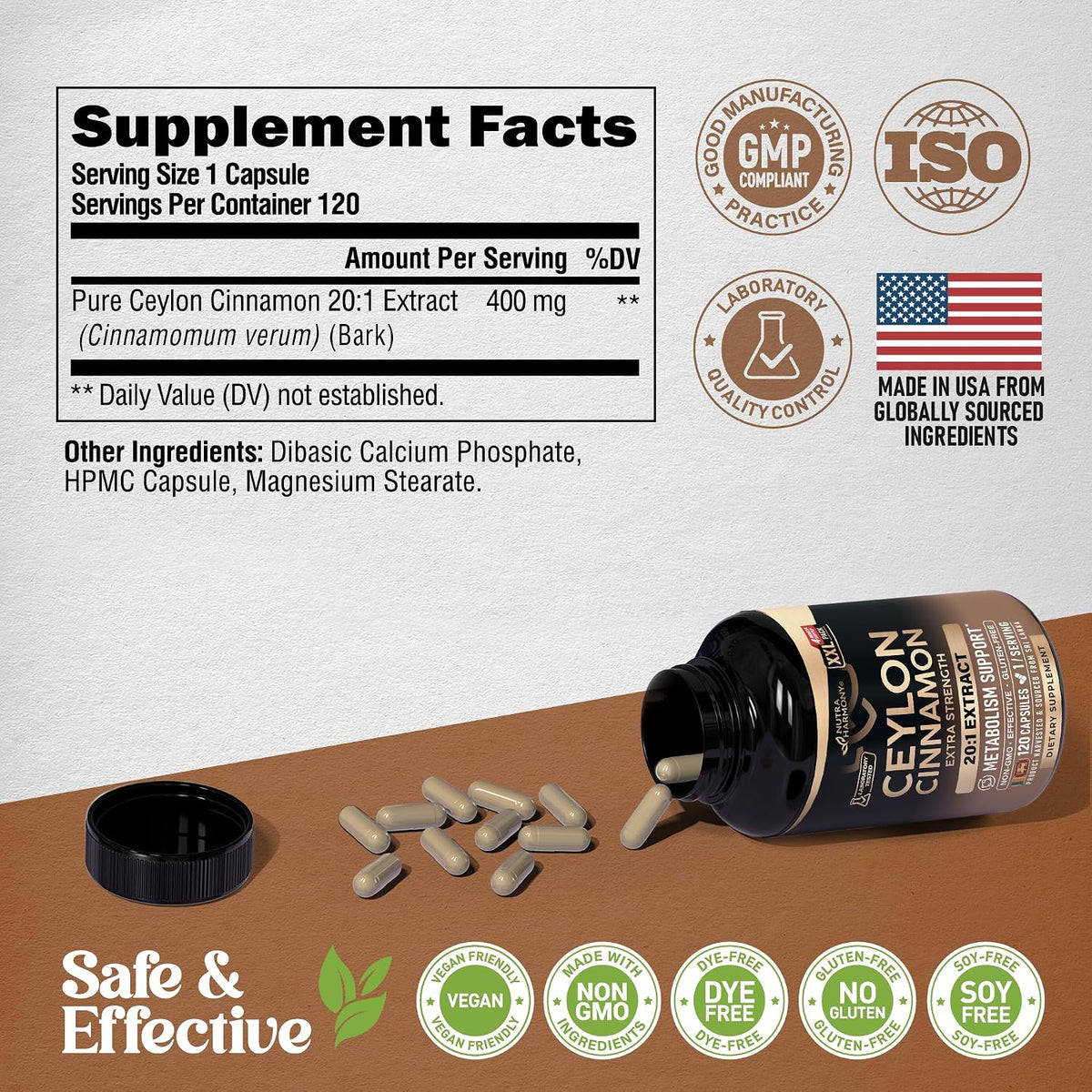 NutraHarmony Ceylon Cinnamon capsules daily serving size illustration