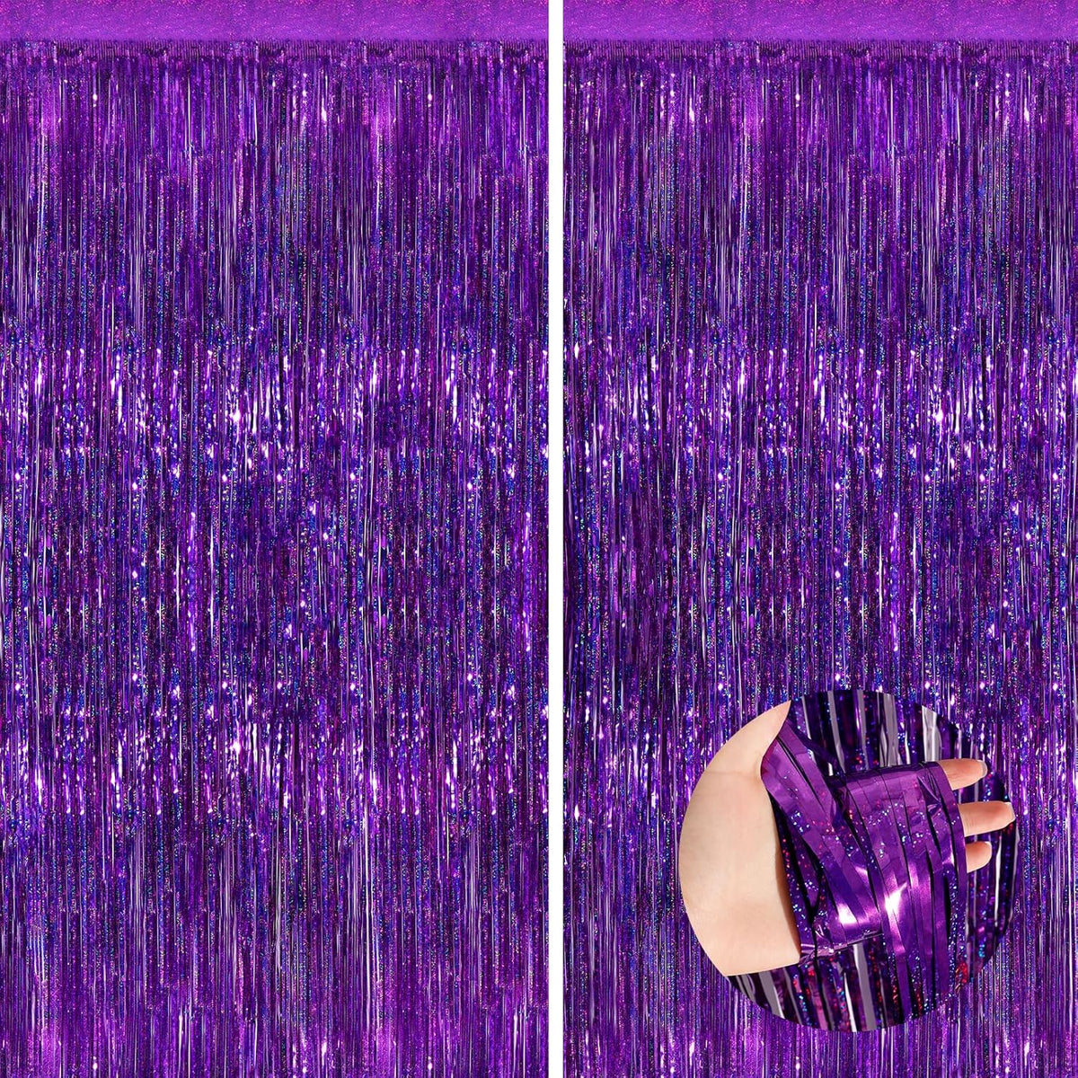 NUWDHP purple metallic tinsel foil fringe curtains front view hanging on a party wall backdrop.