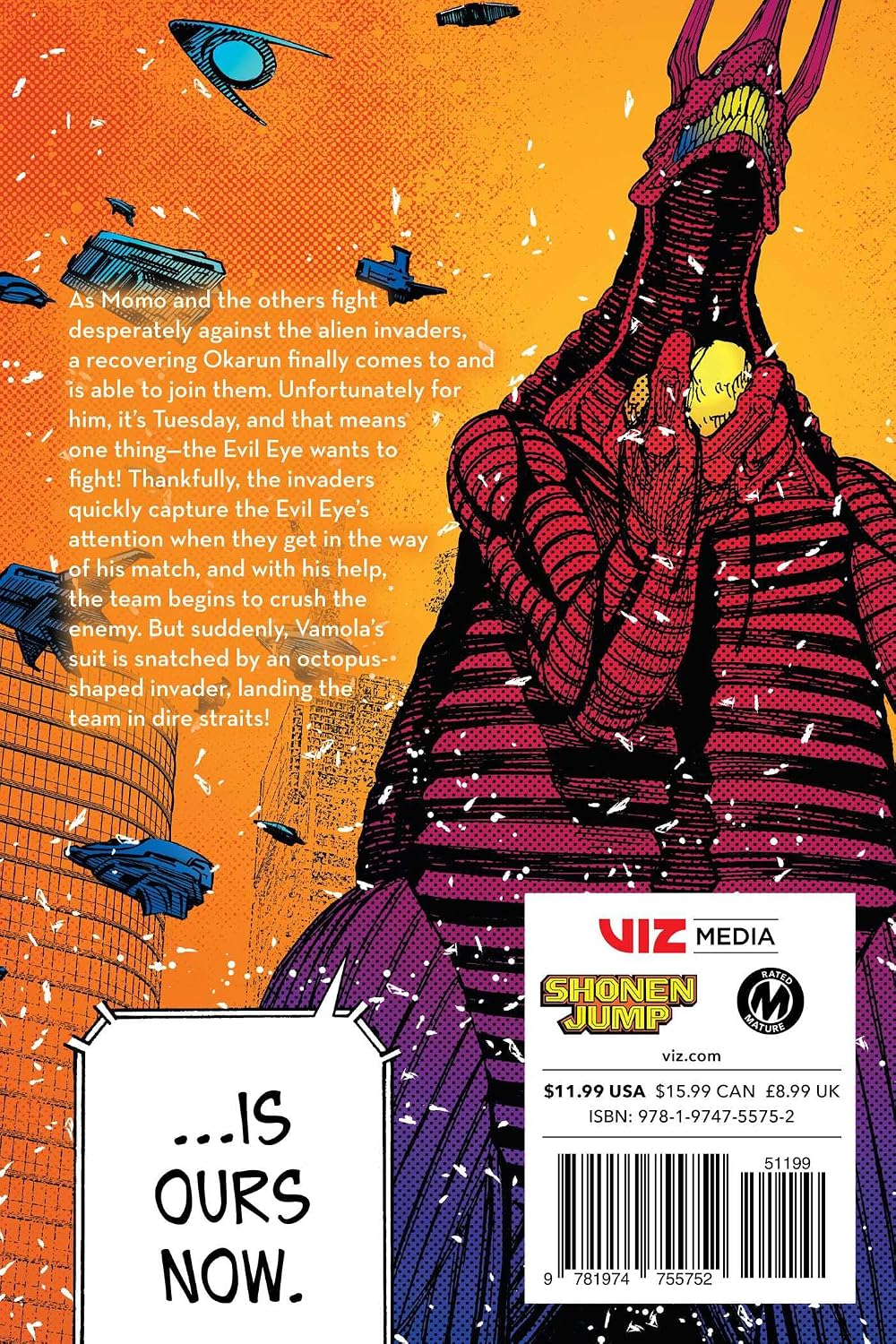 Dandadan Volume 14 cover art featuring Okarun and Vamola action pose