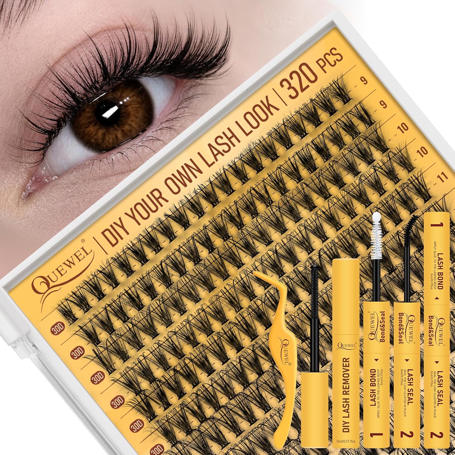 QUEWEL Lash Clusters Kit, 320 Pcs 30D Lash Cluster Eyelash Extensions 9-16mm Lash Clusters Wispy Kit with Eyelash Clusters Bond and Seal Glue Remover Tweezers (30D Kit) - Image 1