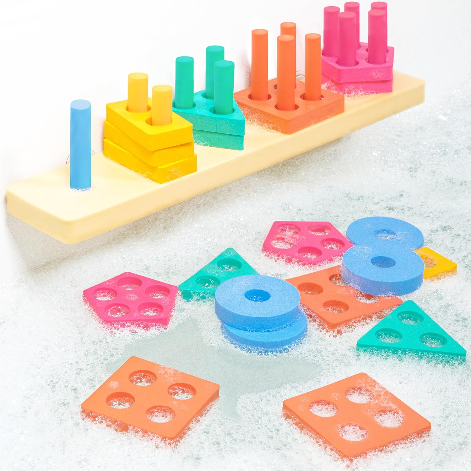 Tub Works Splash Stack And Sort Shape Sorter bath toy front view showing twenty colorful foam shapes and sorting board.
