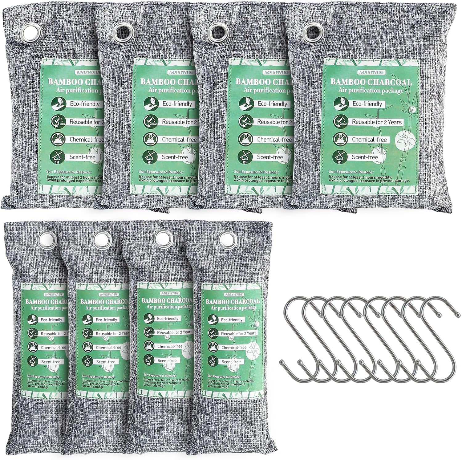 MAXWAVE 8 Pack Activated Charcoal Odor Absorber Bags, Bamboo Charcoal Air Purifying Bags, Natural Air Freshener, Shoe Deodorizer, Moisture Absorber, Odor Eliminators for Home, Car (4×50g, 4×150g) - Image 1