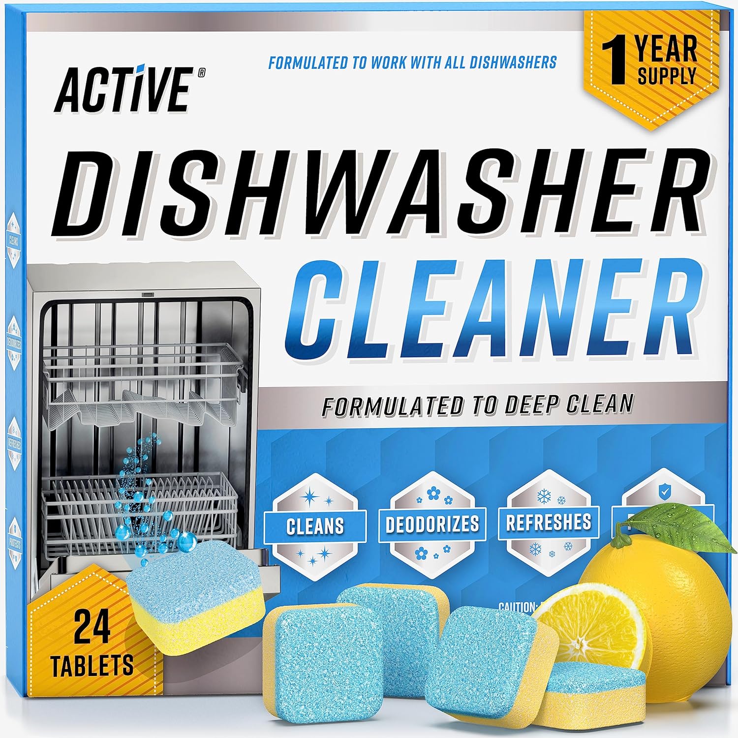 ACTIVE dishwasher cleaner and deodorizer tablets 24 pack front view packaging