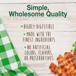 Nylabone healthy edibles bacon flavor dog treats details and ingredient list panel.