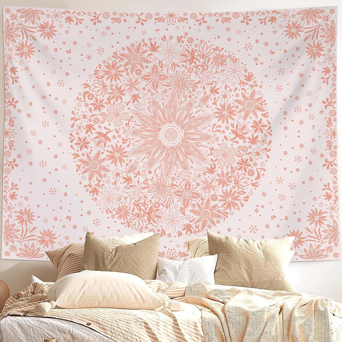 Neasow Bohemian Tapestry Wall Hanging, Black and White Floral Tapestry with Dotted Daisy Medallion Print Bedroom Boho Hippie Home Decor, 50x60 inches - Image 12